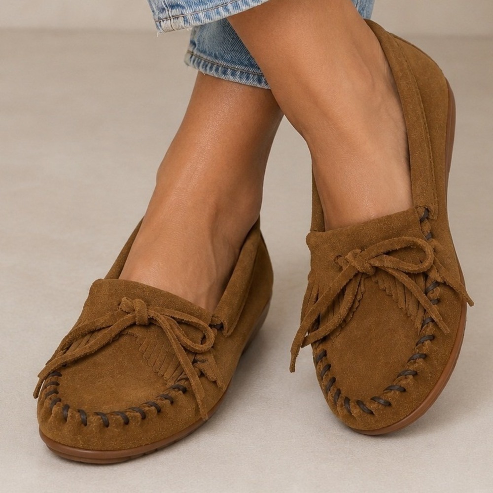 Minnetonka Kilty Plus Brown Suede Moccasin Loafers Fringe Flats 403 Womens Sz 7